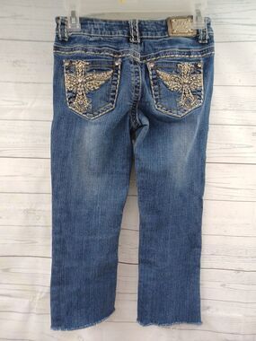 Miss Chic Girl Blue Jeans Sz 1 Junior Stretch Crop Capri Cross Rhinestone 28x21